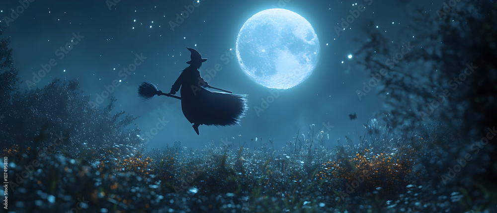 A mystical witch flying on a broom under a glowing full moon, surrounded by enchanting blue wildflowers. A mystical witch flying on a broom under a glowing full moon, surrounded by enchanting blue wildflowers.