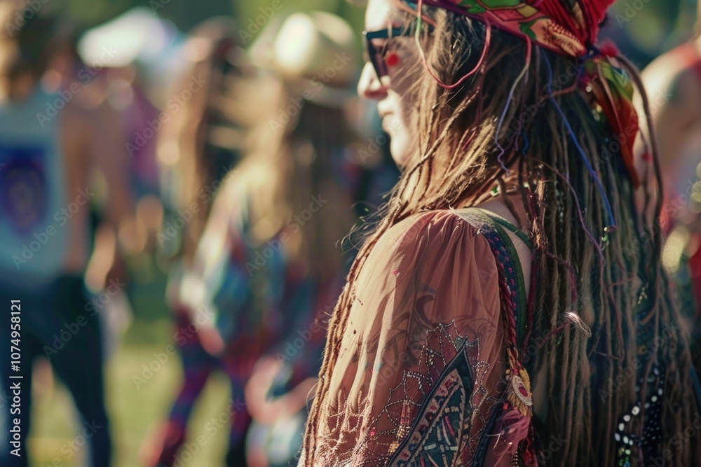 A crowd of people enjoying a festival. Colorful clothing, tie-dye, sunglasses, flower hair bands, and jewelry are visible in the scene. A crowd of people enjoying a festival. Colorful clothing, tie-dye, sunglasses, flower hair bands, and jewelry are visible in the scene.