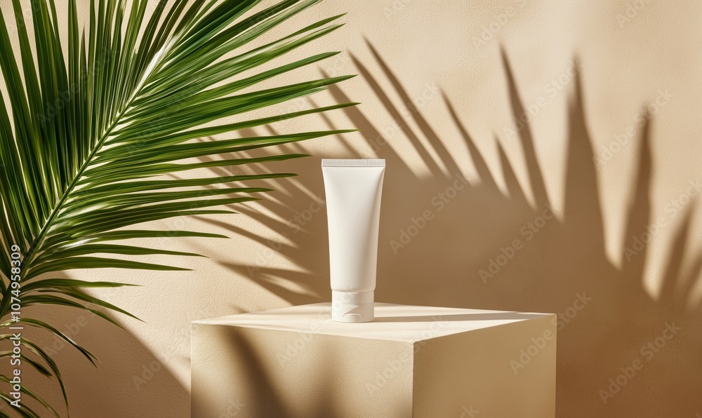 Cosmetic tube on pedestal with palm leaf shadows, minimalist aesthetic Cosmetic tube on pedestal with palm leaf shadows, minimalist aesthetic