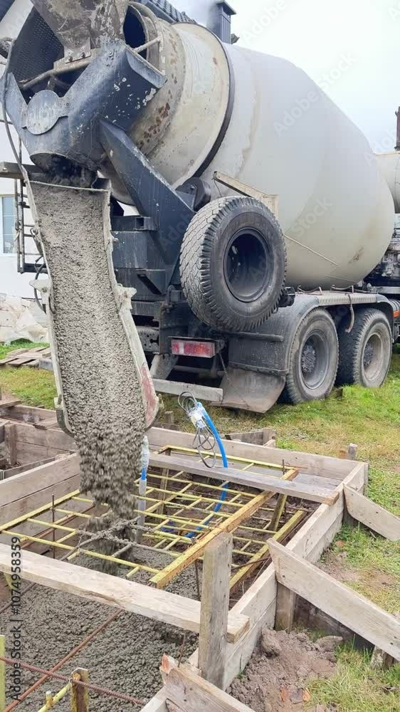 A machine, a concrete mixer, pours concrete into the foundation. Slow motio, vertical video. A machine, a concrete mixer, pours concrete into the foundation. Slow motio, vertical video.