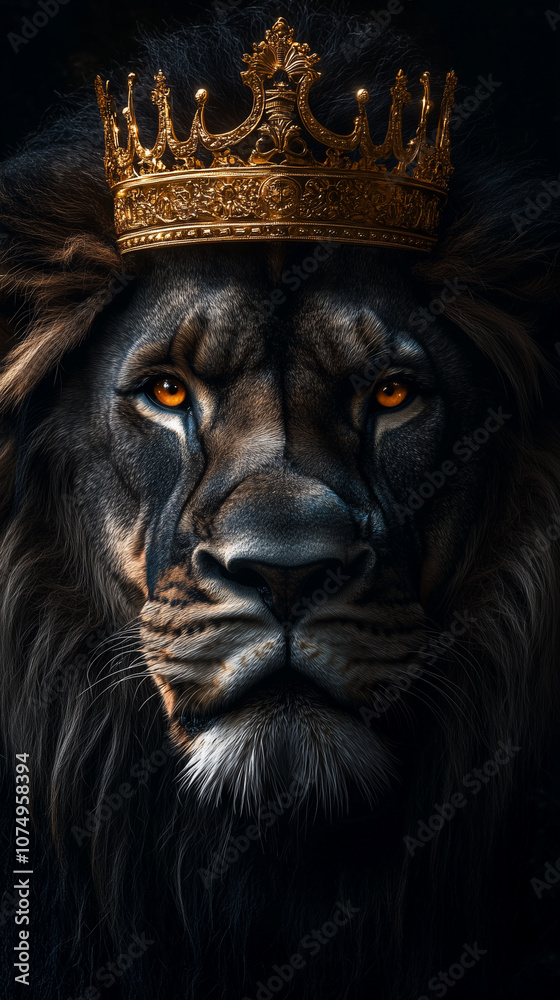 Majestic Lion Wearing Golden Crown Royalty Portrait in Dark Majestic Lion Wearing Golden Crown Royalty Portrait in Dark