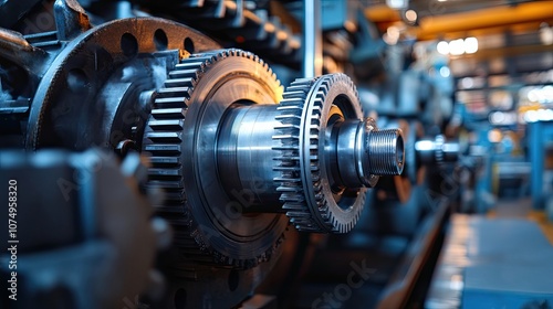 Close-up of industrial gears and shaft in a factory setting