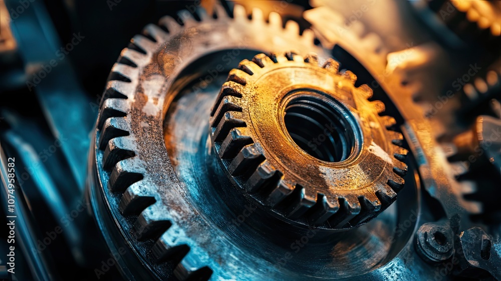 Close-up of Interlocking Metal Gears with a Blue and Golden Hue Close-up of Interlocking Metal Gears with a Blue and Golden Hue