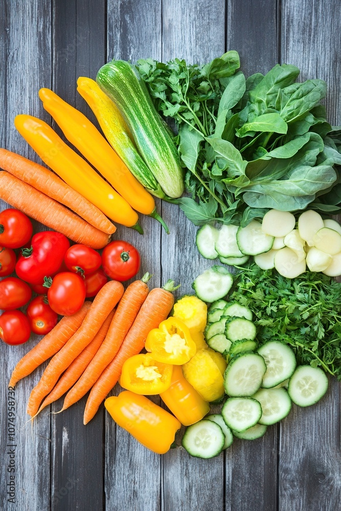 An overhead shot of an assortment of fresh organic vegetables and herbs laid out on a rustic wooden table.