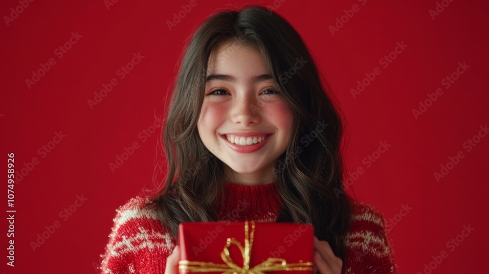 A woman is holding a red box with a gold ribbon on it A woman is holding a red box with a gold ribbon on it