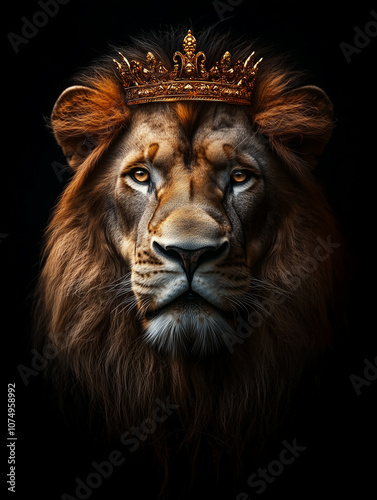 Majestic Lion with Royal Gold Crown in Dramatic Portrait