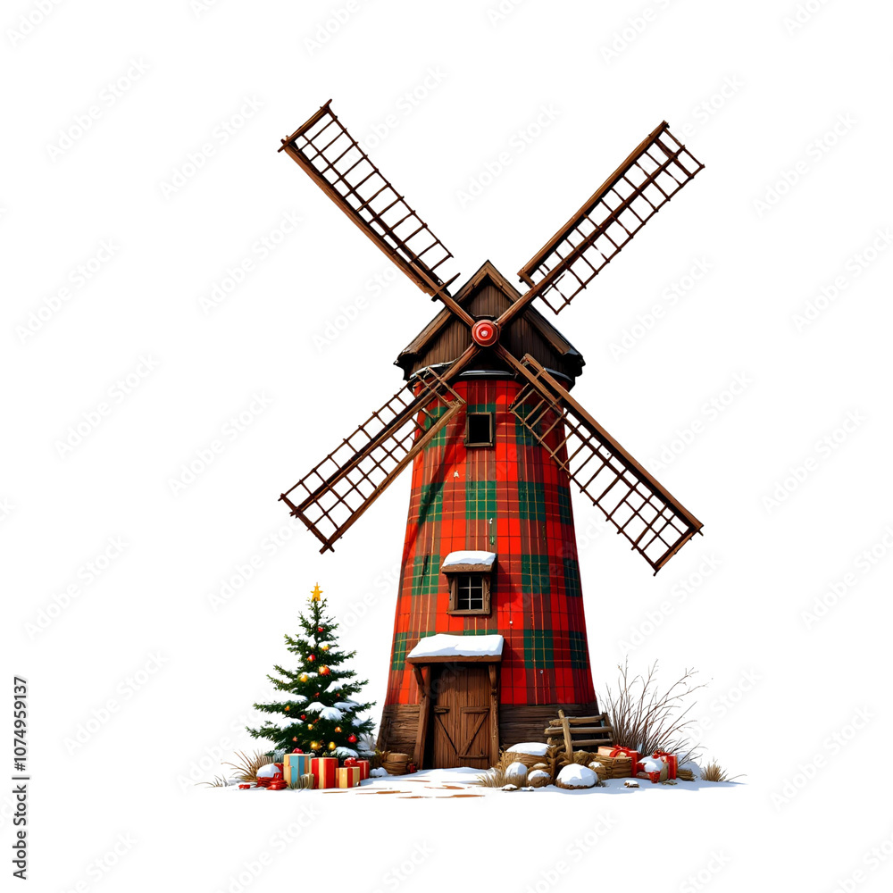 Obraz premium Christmas Windmill Decorated With Plaid And Snow