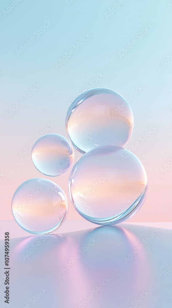 A set of four clear spheres are arranged in a row on a blue background A set of four clear spheres are arranged in a row on a blue background