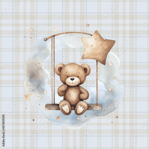 a teddy bear is hanging on a swing 