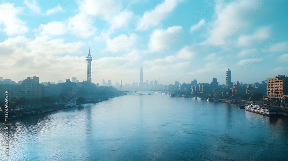 TV Tower Landmark in Stunning Egyptian Nile Sunset Glow Image TV Tower Landmark in Stunning Egyptian Nile Sunset Glow Image