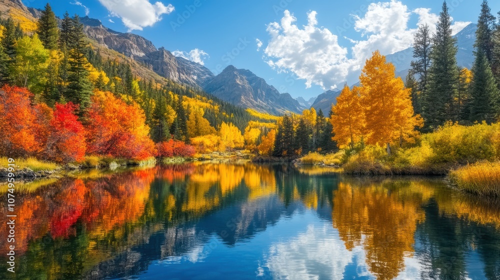 Vibrant autumn colors reflect on serene lake surrounded by mountains and trees in a peaceful fall landscape Vibrant autumn colors reflect on serene lake surrounded by mountains and trees in a peaceful fall landscape