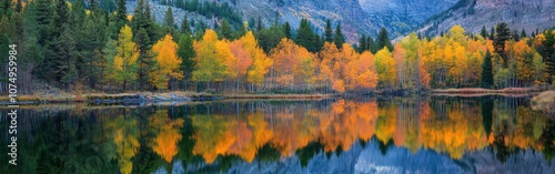 A serene fall landscape with vibrant orange and yellow trees reflecting in a calm lake surrounded by mountains