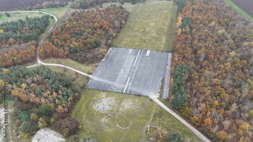 Aerial view of piece of runway at closed airport Flughafen Munchen-Riem in Munich, Germany turned into Riemer Park. Kleinen Teil Start und Landebahn des Flughafen Muenchen-Riem Luftaufnahme. 