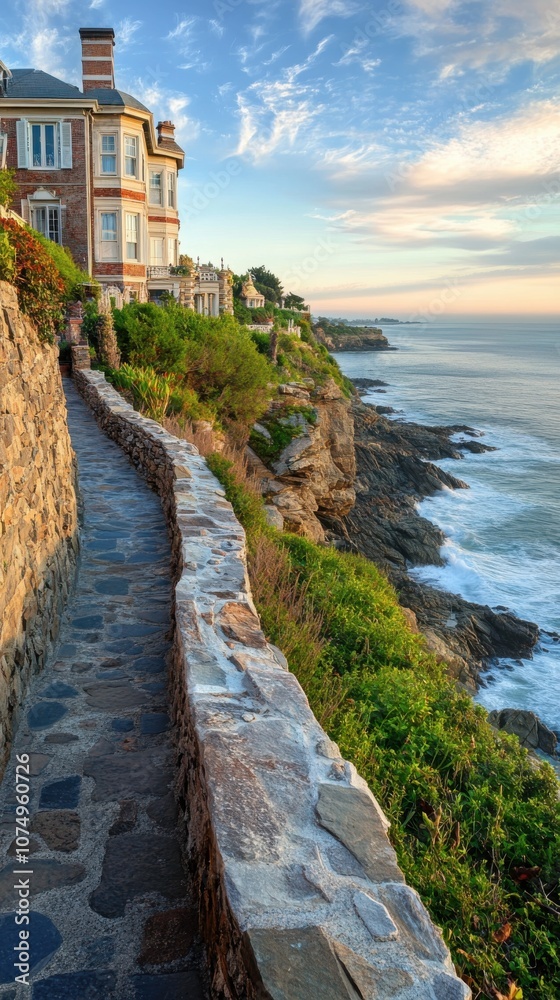 Obraz premium Enjoying a tranquil walk along the stunning coastal Cliff Walk at sunset with views of the crashing waves and lush greenery