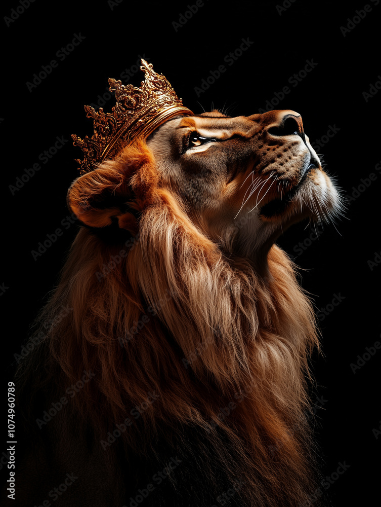 Fototapeta premium Majestic Royal Lion with Gold Crown Against Dark Background