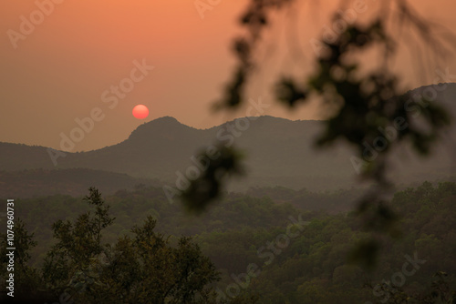 Beautiful Sunset view of satpura mountain range, View from Sunset point, Pachmarhi, Madhya Pradesh, India. photo