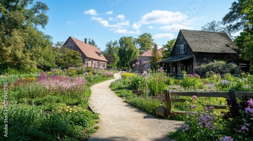 A summer day at Weir Farm National Historical Park with blooming gardens and rustic buildings along a winding path