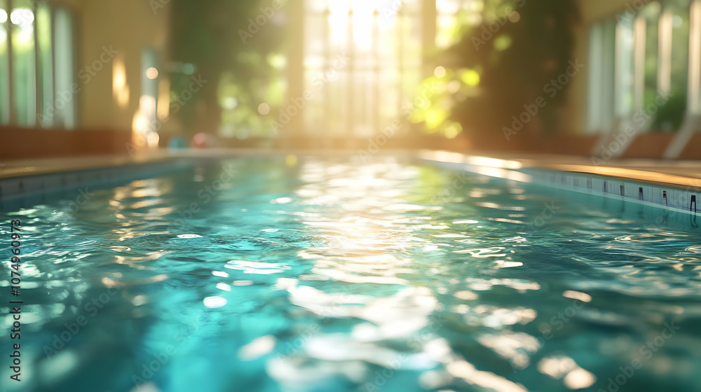 A serene indoor pool setting with luminous water reflecting sunlight, surrounded by lush greenery and tranquility. A serene indoor pool setting with luminous water reflecting sunlight, surrounded by lush greenery and tranquility.