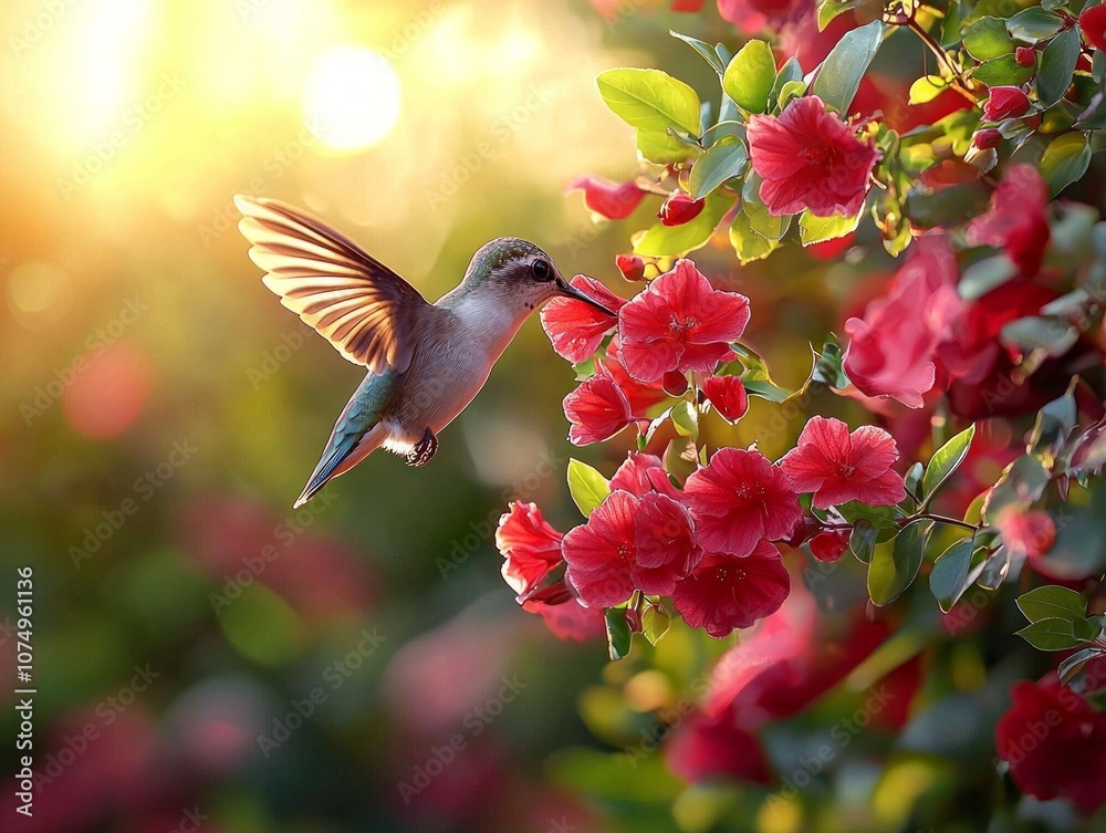 Naklejka premium hummingbird hovers delicately feed vibrant red flower its wings blur motion softly blurred background green foliage illuminated bright natural light.