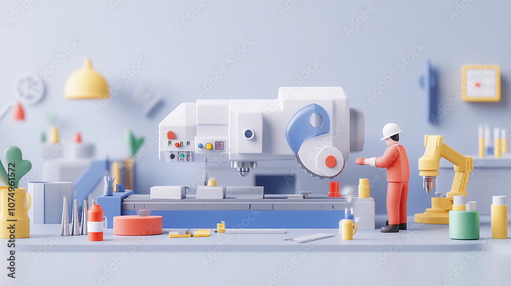 minimalist factory interior featuring worker operating CNC machine, surrounded by colorful tools and equipment, creating vibrant industrial atmosphere minimalist factory interior featuring worker operating CNC machine, surrounded by colorful tools and equipment, creating vibrant industrial atmosphere