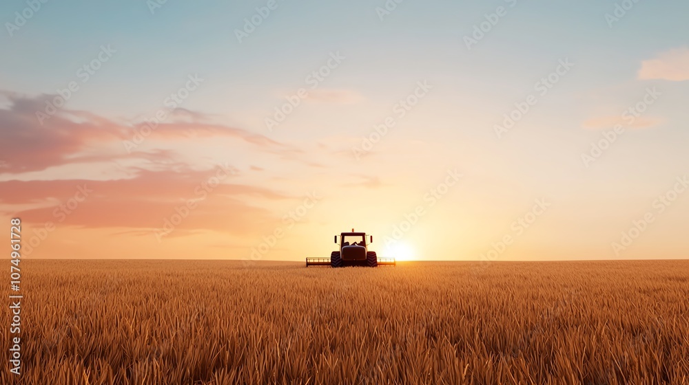 Fototapeta premium A tractor in a golden wheat field during sunset, showcasing agricultural beauty and serenity.