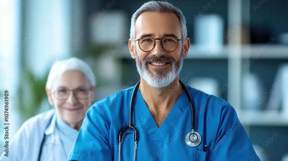 Professional healthcare team in blue scrubs, smiling and supportive. Their caring expressions convey trust and dedication in medical environment Professional healthcare team in blue scrubs, smiling and supportive. Their caring expressions convey trust and dedication in medical environment
