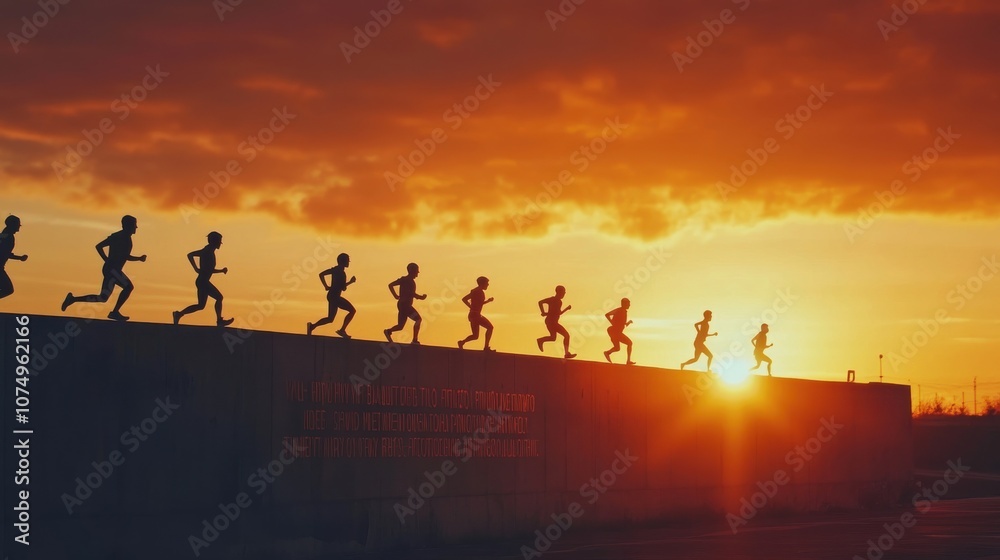 Silhouetted runners in motion against a vibrant sunset backdrop highlighting determination and perseverance at the park Silhouetted runners in motion against a vibrant sunset backdrop highlighting determination and perseverance at the park