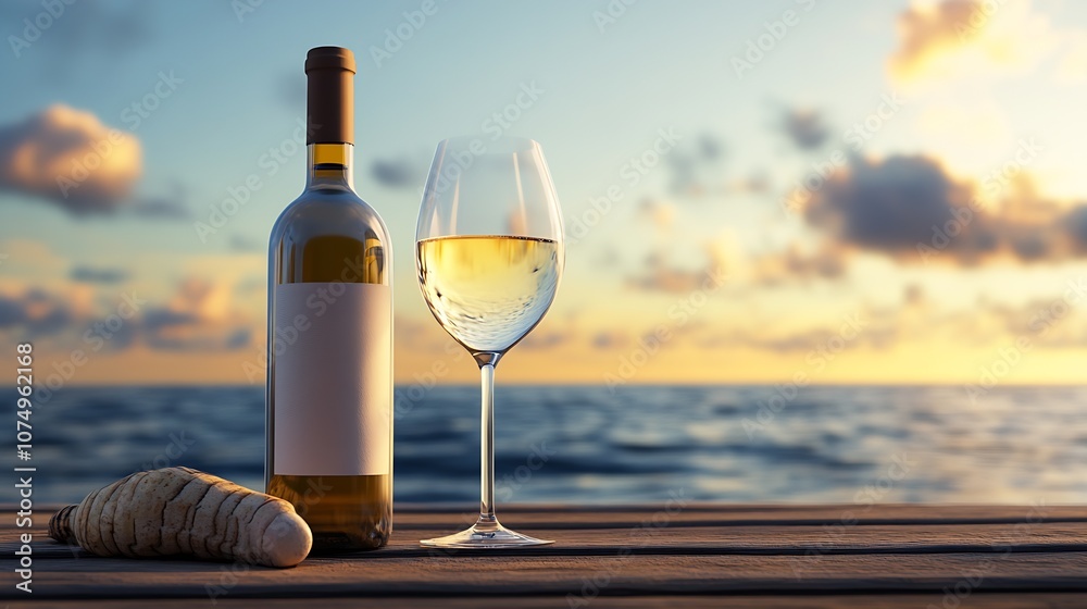 Sunset by the ocean with wine glass and bottle on moody coastal evening : Generative AI Sunset by the ocean with wine glass and bottle on moody coastal evening : Generative AI