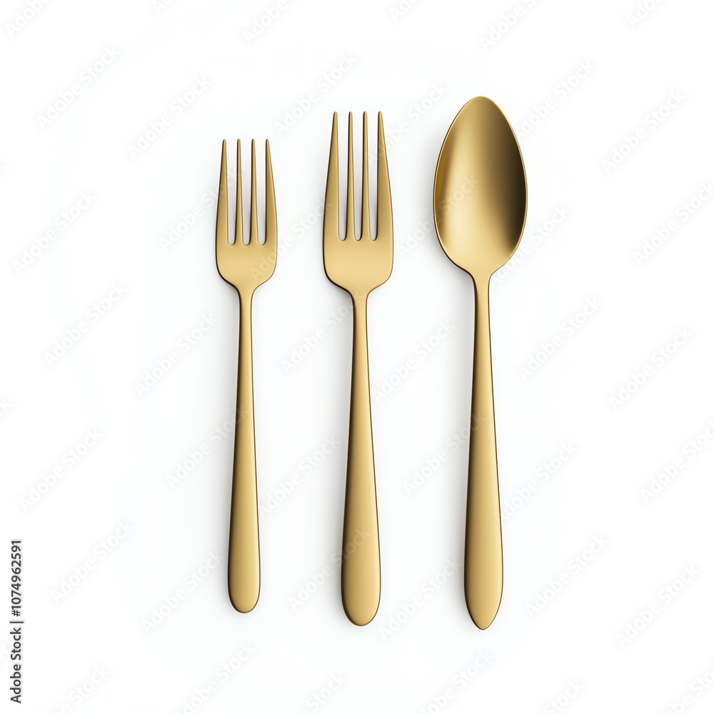 Elegant gold utensils, a fork, and a spoon arranged on a white background. Elegant gold utensils, a fork, and a spoon arranged on a white background.