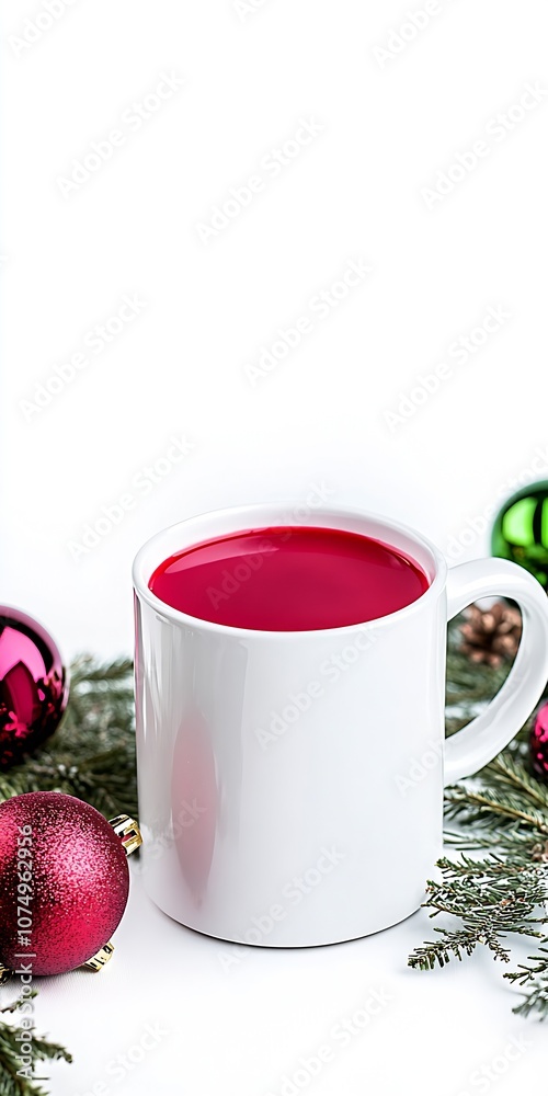 Cozy White Mug with Vibrant Pink Drink Amidst Festive Holiday Ornaments : Generative AI Cozy White Mug with Vibrant Pink Drink Amidst Festive Holiday Ornaments : Generative AI