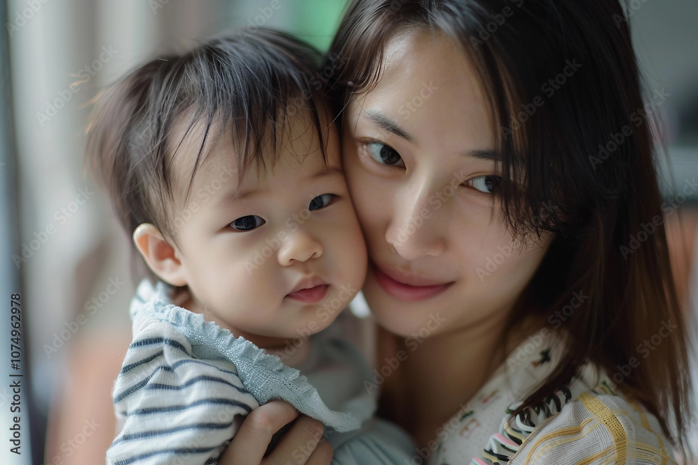 Generative AI Portrait of Smiling Mother Hugging Baby in Nursery Room Generative AI Portrait of Smiling Mother Hugging Baby in Nursery Room