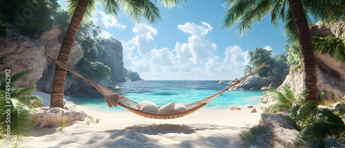 A serene tropical beach scene with a hammock swaying between palm trees, inviting relaxation under clear skies. photo