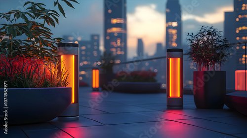 A serene urban balcony at dusk, featuring illuminated planters and vibrant city skyline in the background. photo