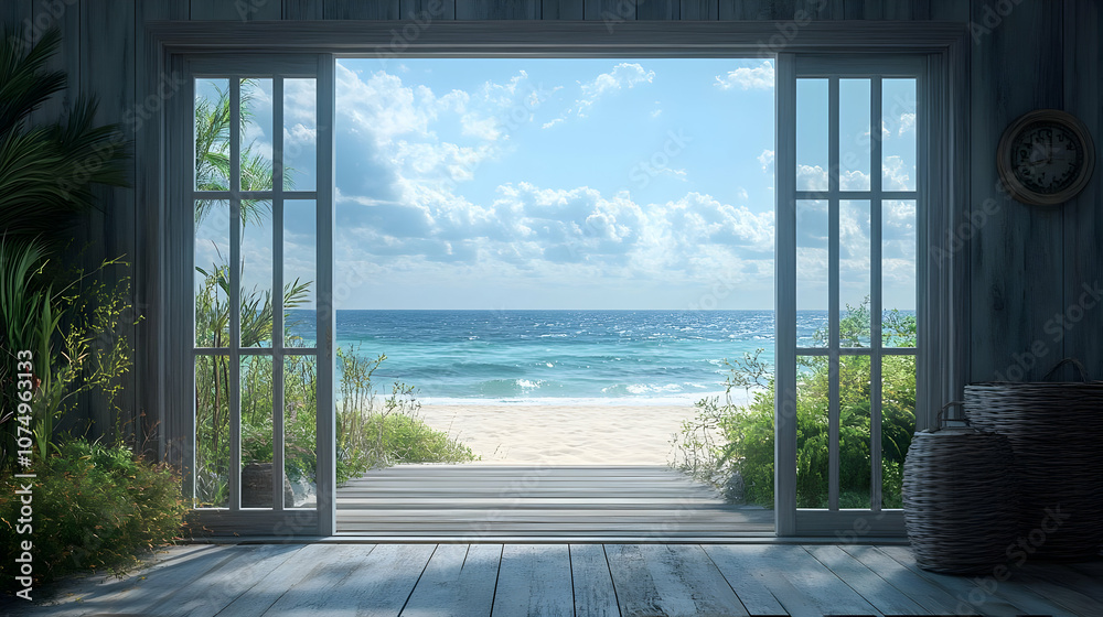 A serene view of the ocean through an open door, inviting tranquility and a sense of peace into the home. A serene view of the ocean through an open door, inviting tranquility and a sense of peace into the home.