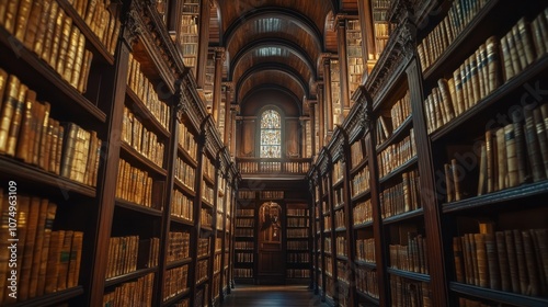 Ancient library filled with dusty books and towering shelves, inviting exploration of forgotten knowledge and history