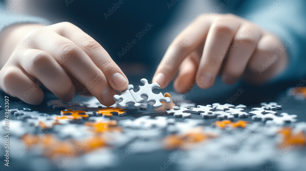 Young child intently solving puzzle, focusing on piece placement, surrounded by scattered puzzle pieces, showcasing concentration and engagement Young child intently solving puzzle, focusing on piece placement, surrounded by scattered puzzle pieces, showcasing concentration and engagement
