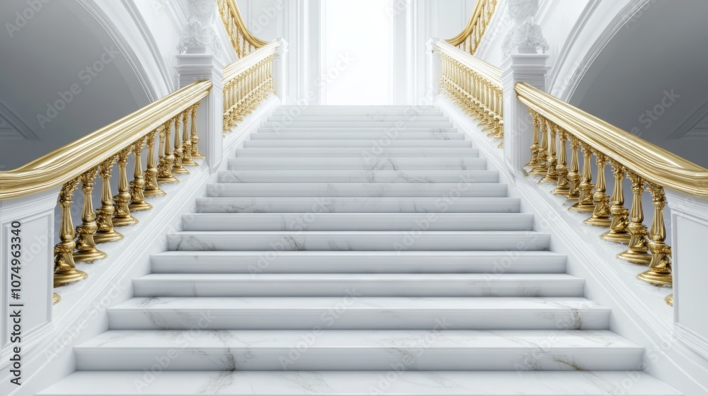 Fototapeta premium pristine white staircase with marble steps and golden railings, luxurious and elegant