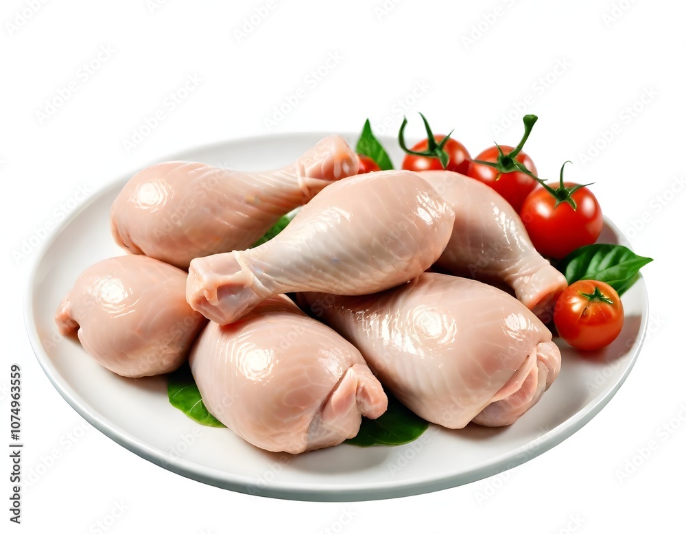 Raw chicken drumsticks and thighs on a white plate, accompanied by cherry tomatoes and green leaves Raw chicken drumsticks and thighs on a white plate, accompanied by cherry tomatoes and green leaves