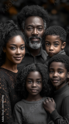 Portrait of Black family with parents and children together