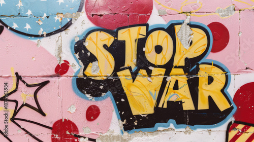 Graffiti mural with the words stop war on colorful wall background