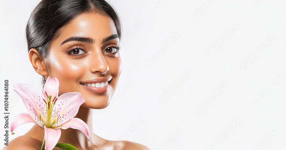 beautiful Indian woman with clean, healthy skin and a radiant smile stands against a white background beautiful Indian woman with clean, healthy skin and a radiant smile stands against a white background