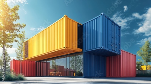 Shipping container in maritime transport flat design side view industrial theme 3D render Split-complementary color scheme