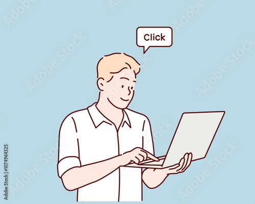The man is using a laptop.
Hand drawn style vector design illustrations.