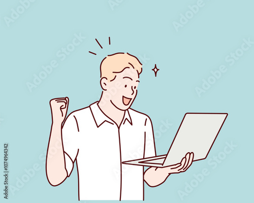 The man is holding a laptop and looks energetic. Hand drawn style vector design illustrations.