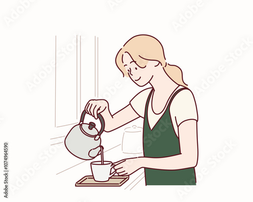 The woman is pouring tea into a cup from a kettle. Hand drawn style vector design illustrations.