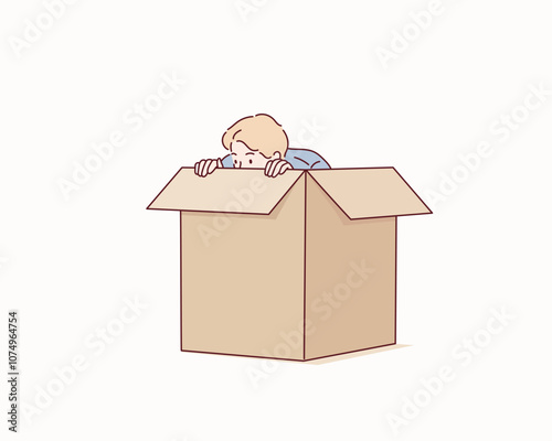 The man is hiding inside the box. Hand drawn style vector design illustrations.