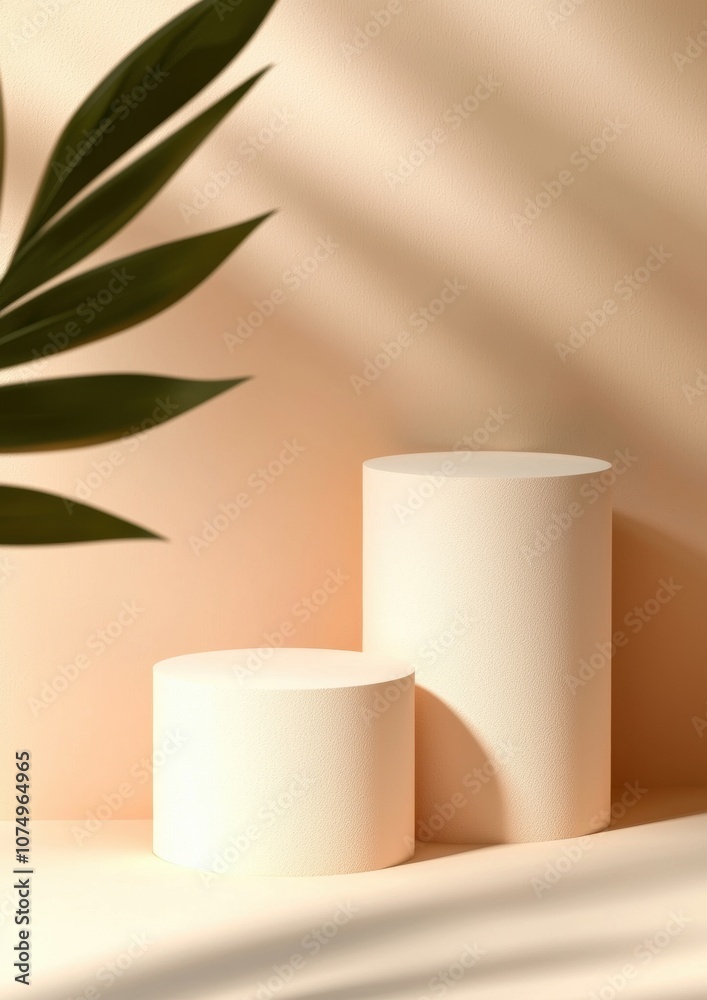 Two white pedestals with a leaf in the background Two white pedestals with a leaf in the background