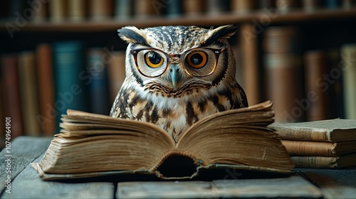 An owl wearing glasses is sitting on an open book in a library