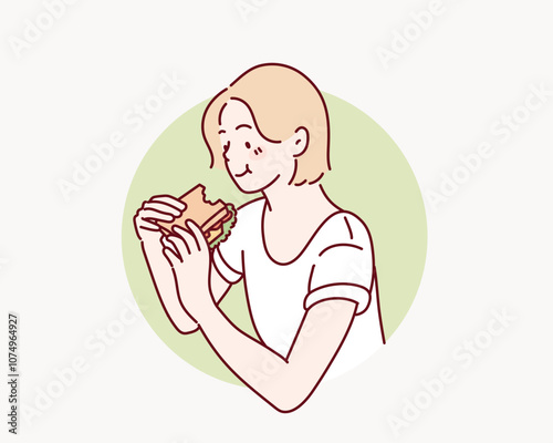 The woman is eating a sandwich. Hand drawn style vector design illustrations.
