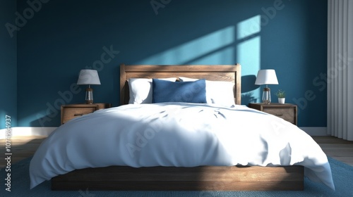 A large bed with a white sheet and a blue pillow